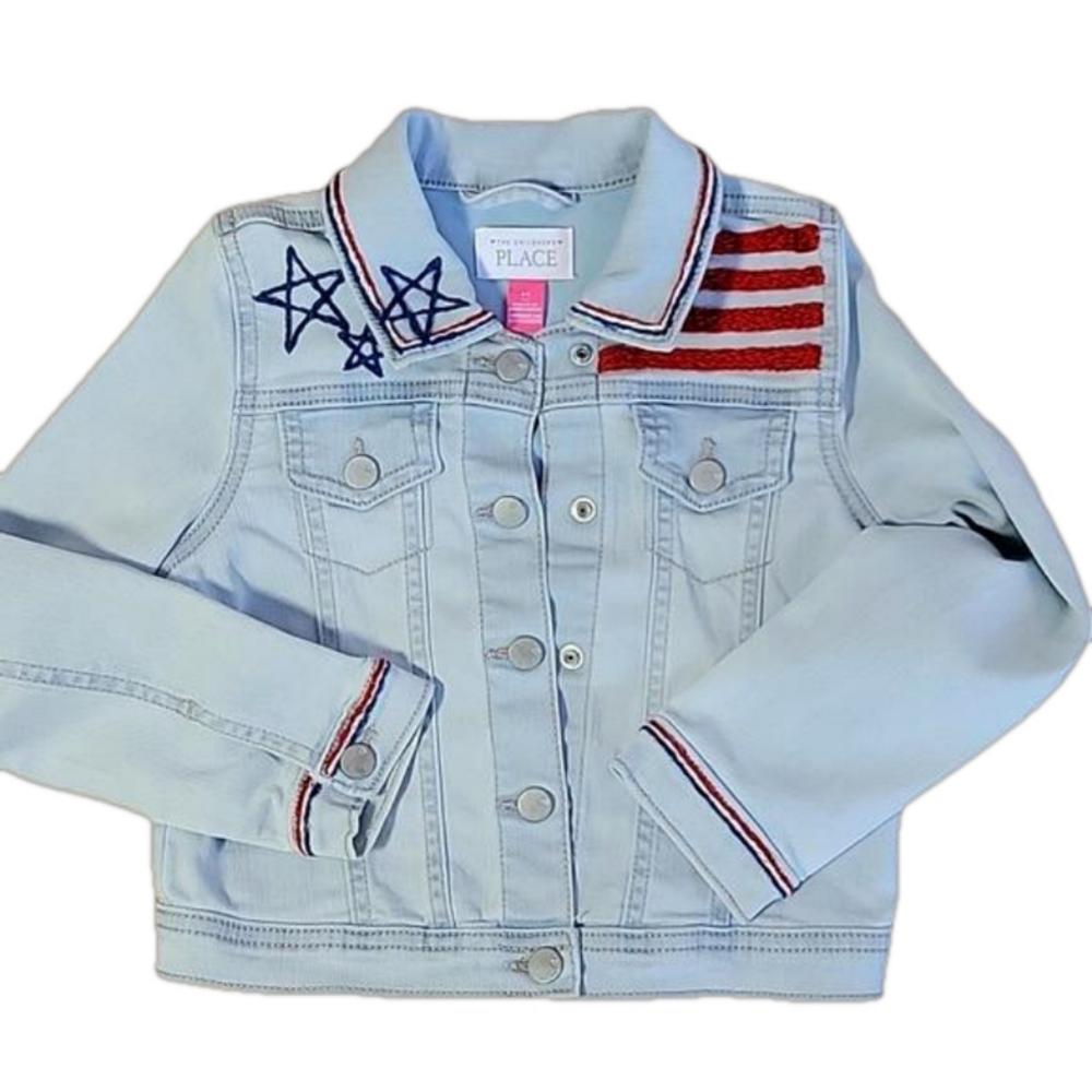 One of a Kind! Children's Place Patriotic Denim Jacket Hand Embroidered Size 5T